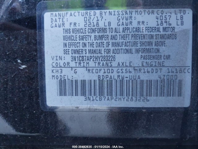 2017 NISSAN SENTRA SR TURBO VIN: 3N1CB7AP2HY283226