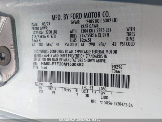 NM0LE7F20M1500852 Ford Transit Connect Xlt