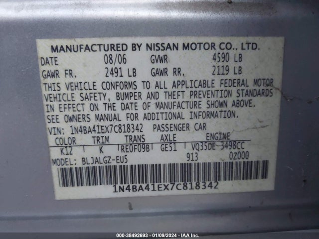 2007 NISSAN MAXIMA 3.5 SL VIN: 1N4BA41EX7C818342