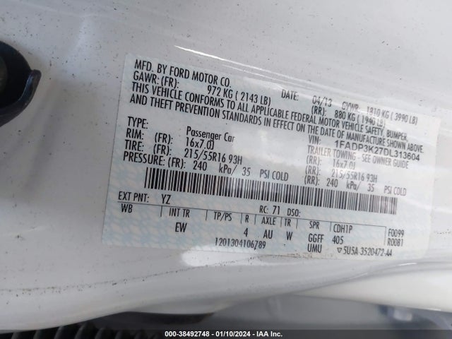 2013 FORD FOCUS SE VIN: 1FADP3K27DL313604