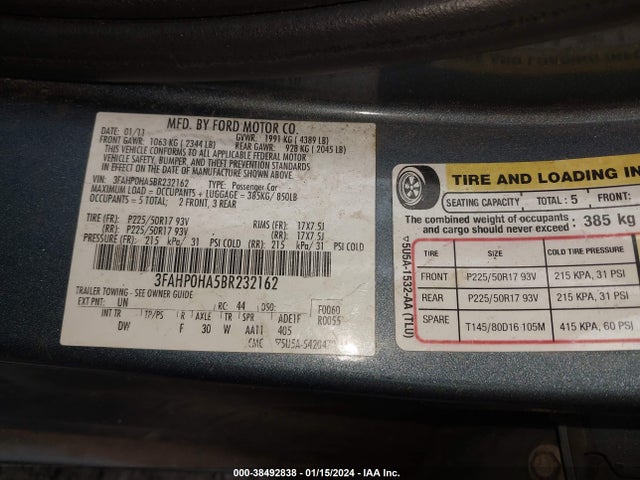2011 FORD FUSION SE VIN: 3FAHP0HA5BR232162