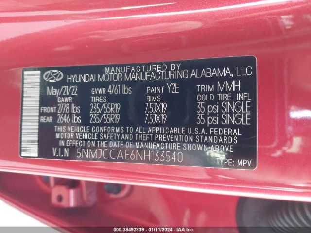 5NMJCCAE6NH133540 Hyundai TUCSON SEL