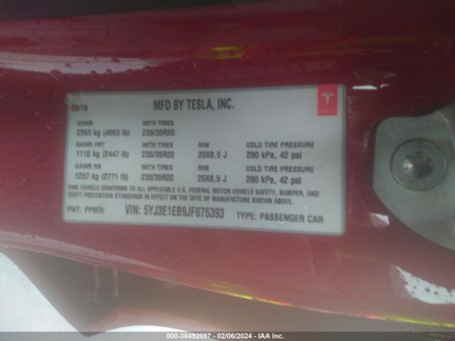 5YJ3E1EB9JF075393 Tesla Model 3 Long Range/performance