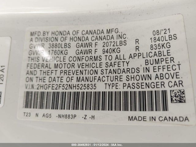 38492931 :رقم المزاد ، 2HGFE2F52NH525835 vin ، 2022 Honda Civic Sport مزاد بيع