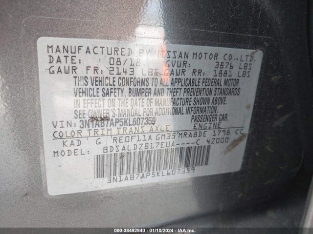 Nissan SENTRA SV 2019 3N1AB7AP5KL607359 Image 9