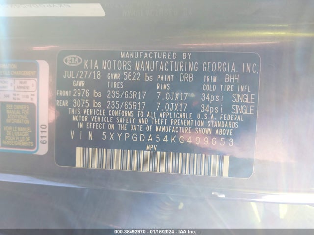 KIA Sorento 3.3l Lx 2019 5XYPGDA54KG499653 Image 9