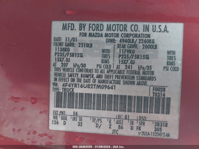 2002 MAZDA B-SERIES 2WD TRUCK DS VIN: 4F4YR16U82TM09641
