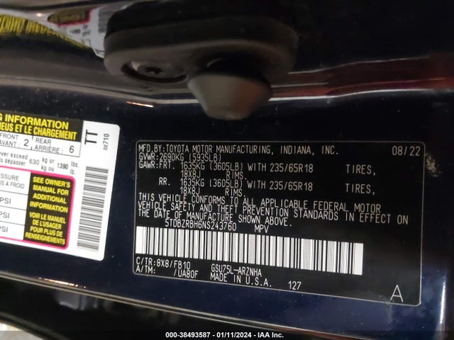 Aukcja sprzedaży 2022 Toyota Highlander Le, vin: 5TDBZRBH6NS243760, numer aukcji: 38493587