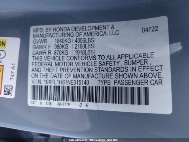 19XFL1H81NE015140 Honda Civic Sport Touring