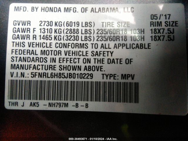 5FNRL6H85JB010229 Honda Odyssey Touring