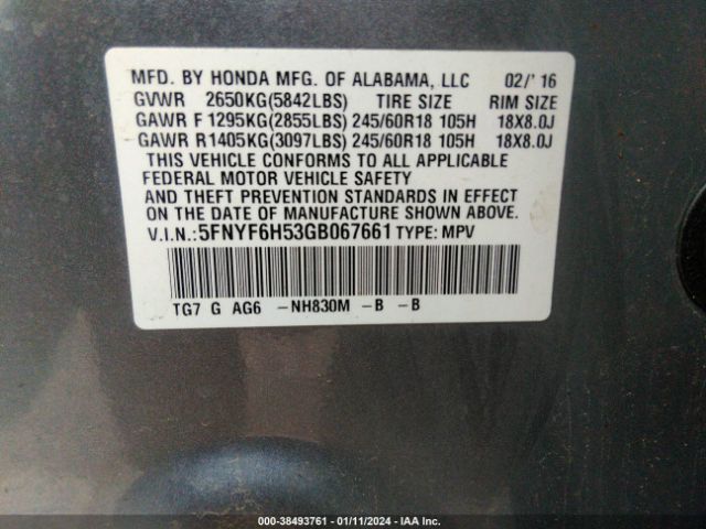 5FNYF6H53GB067661 Honda Pilot Ex-l