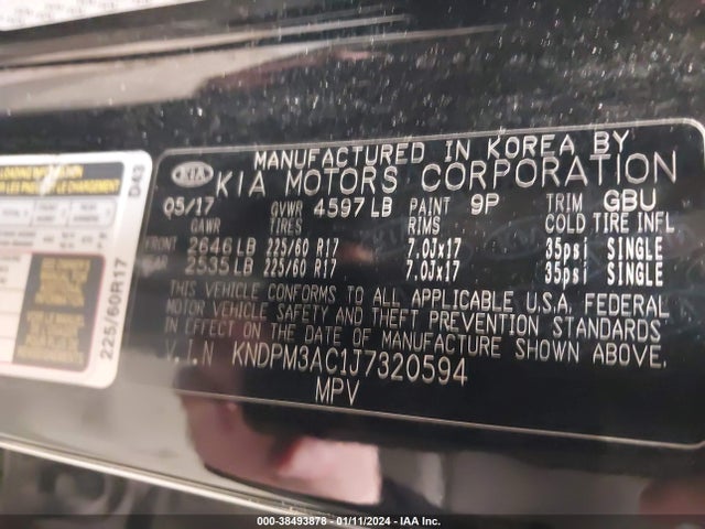 2018 KIA SPORTAGE LX VIN: KNDPM3AC1J7320594