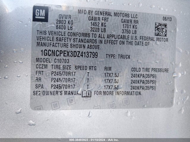 2013 CHEVROLET SILVERADO 1500 WORK TRUCK VIN: 1GCNCPEX3DZ413799