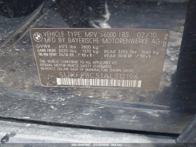 Aukcja sprzedaży 2010 Bmw X5 Xdrive48i, vin: 5UXFE8C51AL312196, numer aukcji: 38493967