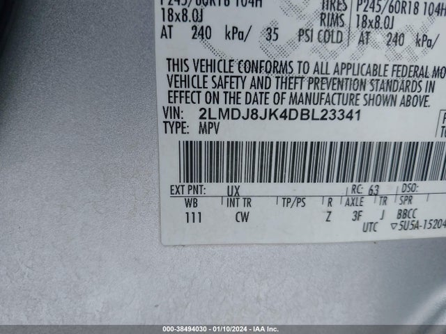 Продаж на аукціоні авто 2013 Lincoln Mkx, vin: 2LMDJ8JK4DBL23341, номер лоту: 38494030