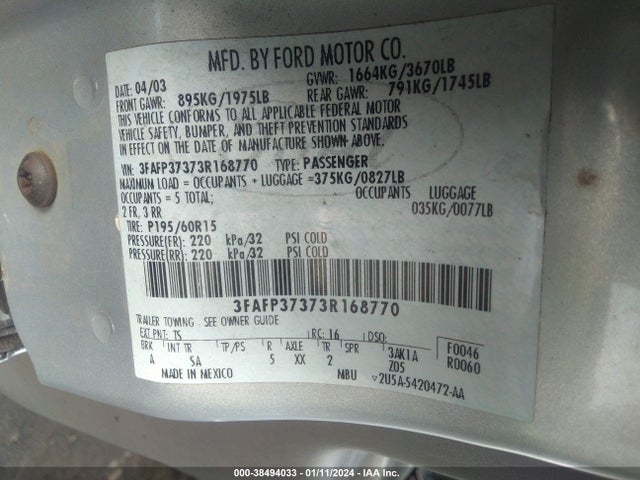 2003 FORD FOCUS ZX5 VIN: 3FAFP37373R168770