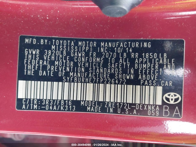 Toyota COROLLA LE 2015 5YFBURHE7FP226472 Image 9