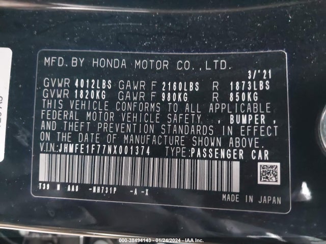Honda CIVIC EX 2022 JHMFE1F77NX001374 Image 9