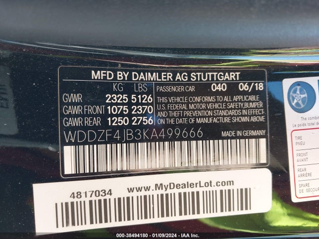 2019 MERCEDES-BENZ E 300 VIN: WDDZF4JB3KA499666