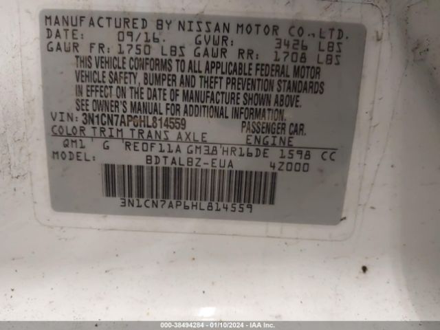 3N1CN7AP6HL814559 Nissan Versa 1.6 S/1.6 S+/1.6 Sl/1.6 Sv