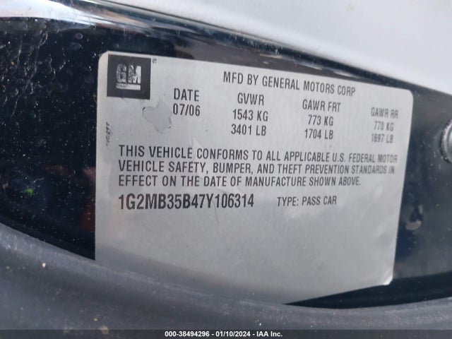 2007 PONTIAC SOLSTICE VIN: 1G2MB35B47Y106314
