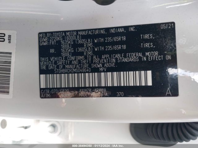 Toyota Highlander Hybrid Xle 2021 5TDHBRCH2MS048640 Image 9