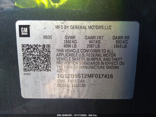 2021 CHEVROLET MALIBU FWD LS VIN: 1G1ZB5ST2MF017416