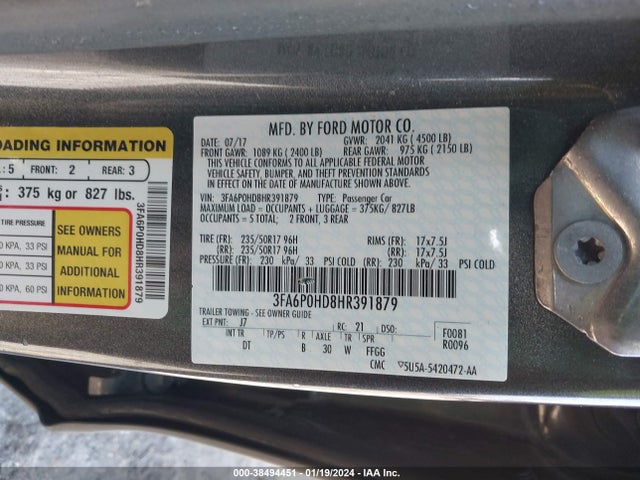Ford FUSION SE 2017 3FA6P0HD8HR391879 Image 9