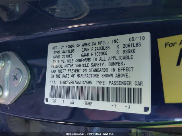 2010 HONDA ACCORD 2.4 EX-L VIN: 1HGCP2F87AA137595