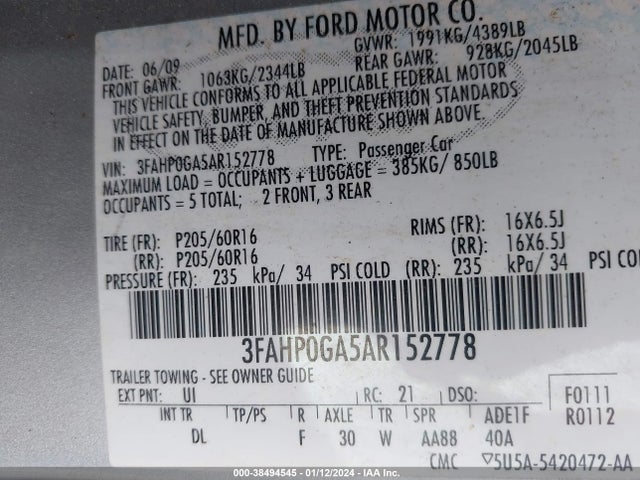 2010 FORD FUSION S VIN: 3FAHP0GA5AR152778