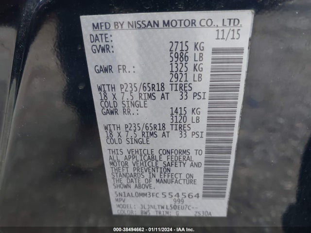 2015 INFINITI QX60 VIN: 5N1AL0MM3FC554564