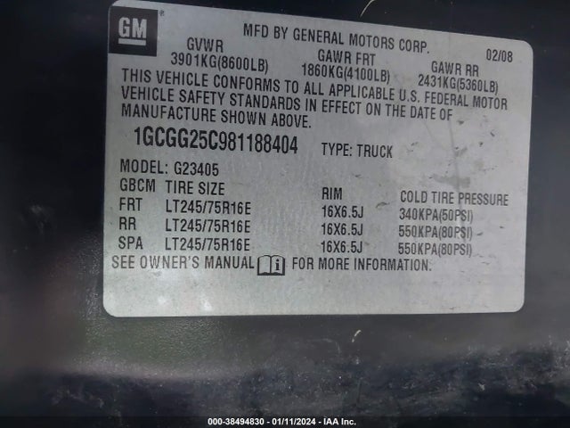 2008 CHEVROLET EXPRESS WORK VAN VIN: 1GCGG25C981188404