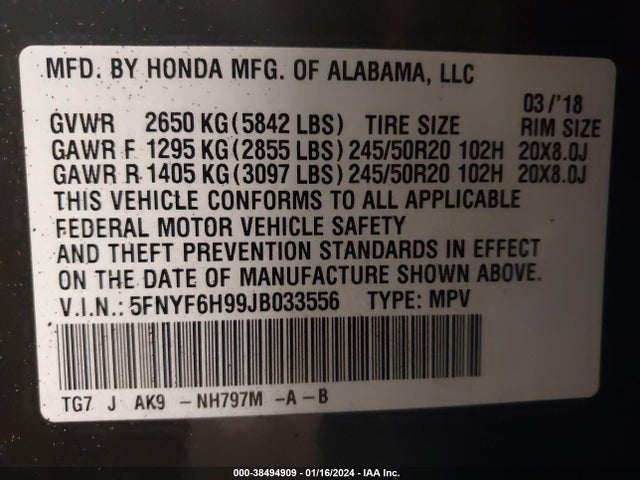 Honda Pilot Touring 2018 5FNYF6H99JB033556 Image 9