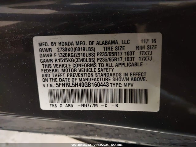 Honda ODYSSEY EX 2016 5FNRL5H40GB160443 Image 9