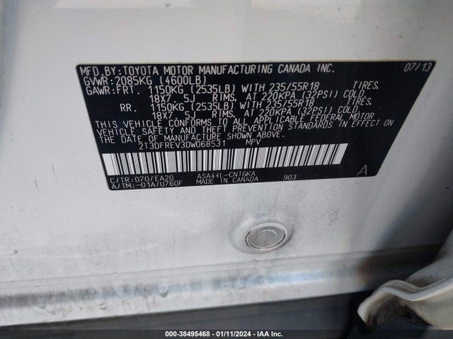 2013 TOYOTA RAV4 LIMITED VIN: 2T3DFREV3DW068531