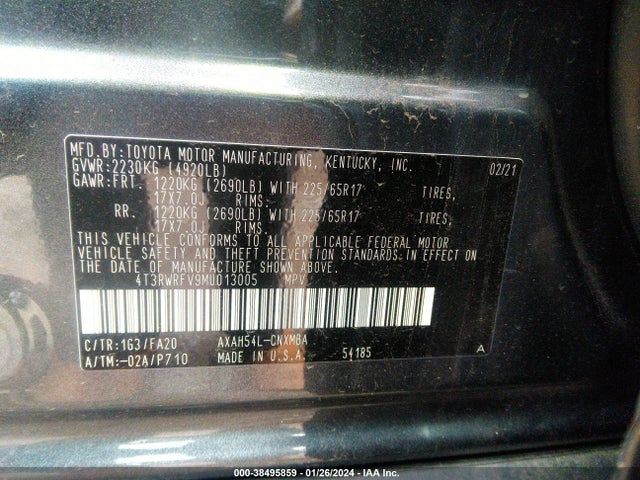 2021 TOYOTA RAV4 XLE HYBRID VIN: 4T3RWRFV9MU013005