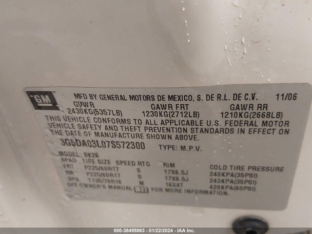 2007 BUICK RENDEZVOUS CX VIN: 3G5DA03L07S572300