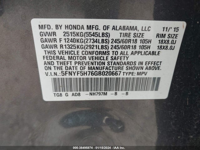 Honda Pilot Ex-l 2016 5FNYF5H76GB020667 Image 9