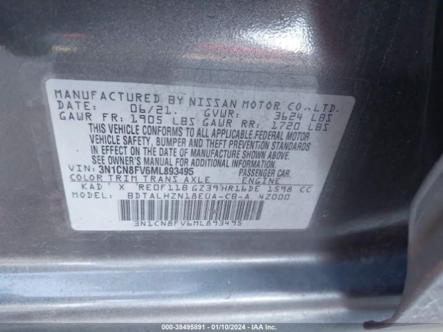 3N1CN8FV6ML893495 Nissan Versa Sr Xtronic Cvt