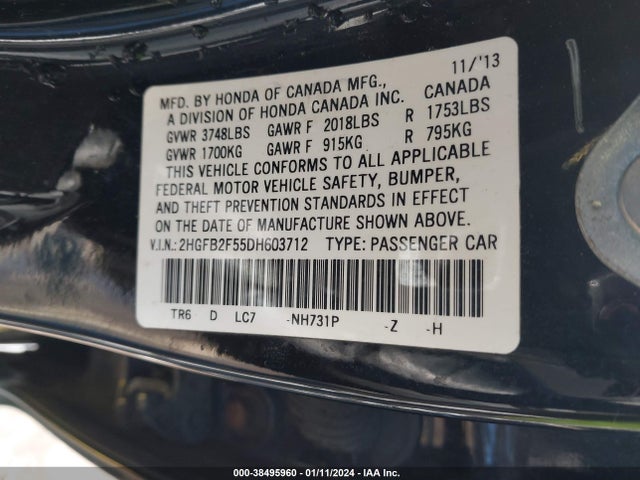 2013 HONDA CIVIC LX VIN: 2HGFB2F55DH603712