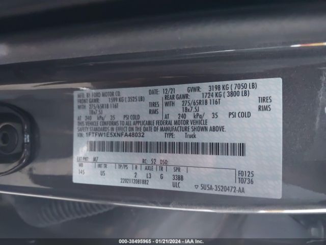 1FTFW1E5XNFA48032 Ford F-150 Xlt