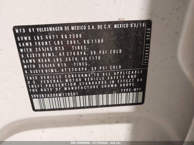 2019 VOLKSWAGEN TIGUAN 2.0T SE/2.0T SEL/2.0T SEL R-LINE/2.0T SEL R-LINE BLACK VIN: 3VV2B7AX0KM119501