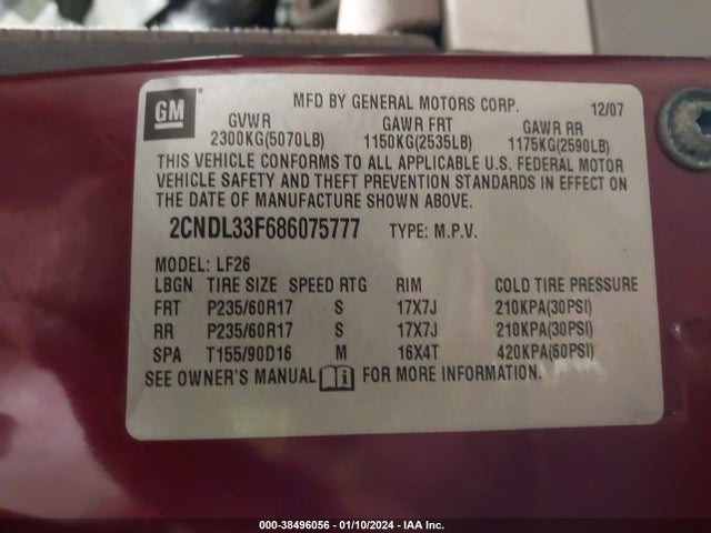 2008 CHEVROLET EQUINOX LT VIN: 2CNDL33F686075777