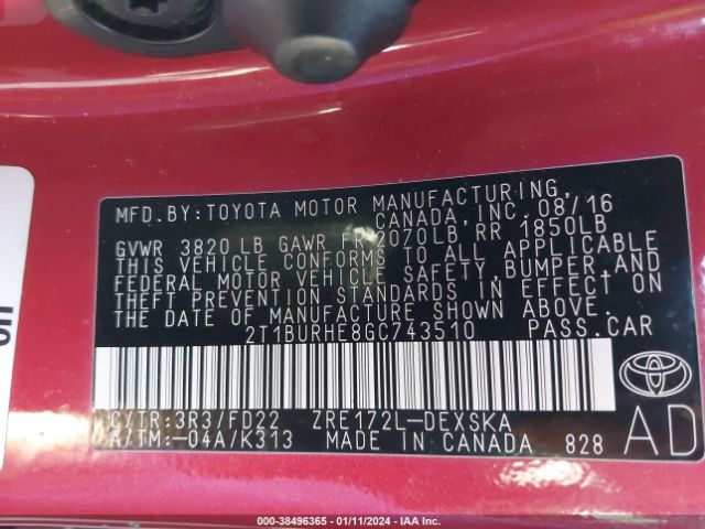 2T1BURHE8GC743510 Toyota Corolla S Plus