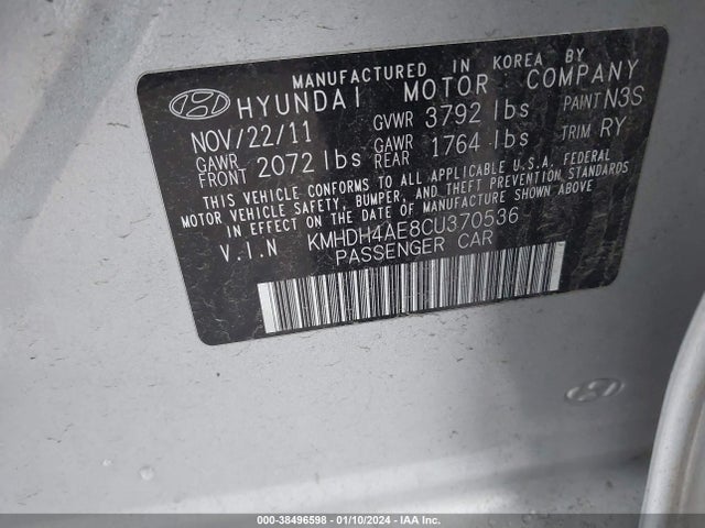 2012 HYUNDAI ELANTRA LIMITED (ULSAN PLANT) VIN: KMHDH4AE8CU370536