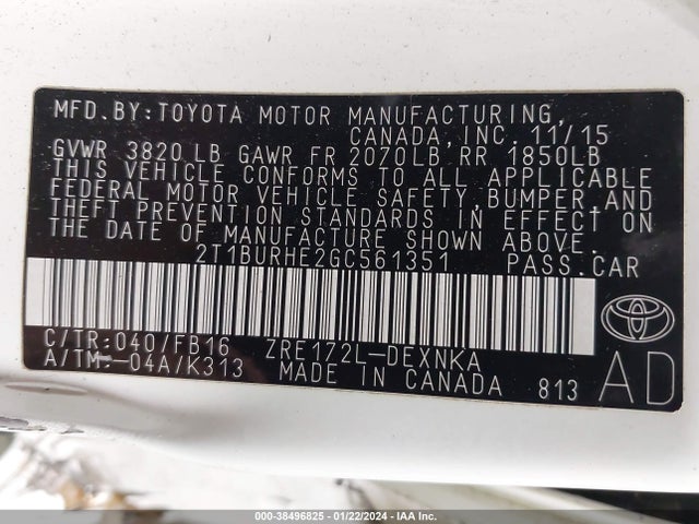 2016 TOYOTA COROLLA LE VIN: 2T1BURHE2GC561351