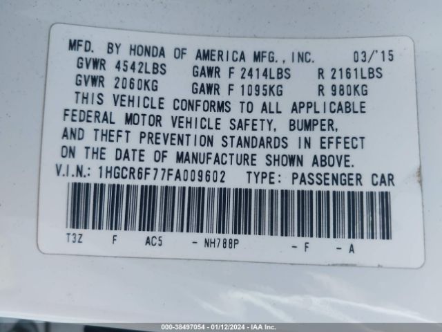 1HGCR6F77FA009602 Honda Accord Hybrid Touring