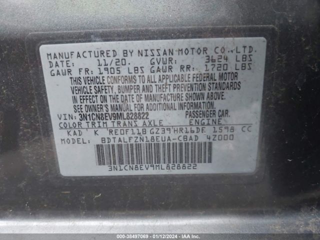 3N1CN8EV9ML828822 Nissan Versa Sv Xtronic Cvt