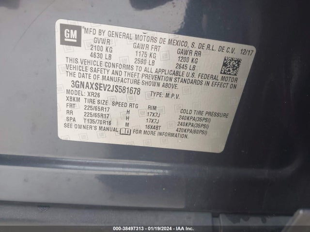 2018 CHEVROLET EQUINOX LT VIN: 3GNAXSEV2JS581678