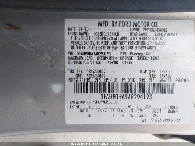 2010 FORD FUSION SE VIN: 3FAHP0HA9AR294193
